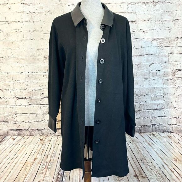 Sioni Faux Leather Trim Longline Cardigan Sweater Black Button Down Womens 1X - Picture 1 of 6